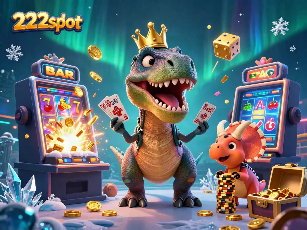 Nikmati permainan slot menarik di 222slot, dengan ilustrasi karakter kartun unik dan simbo-simbol kasino.