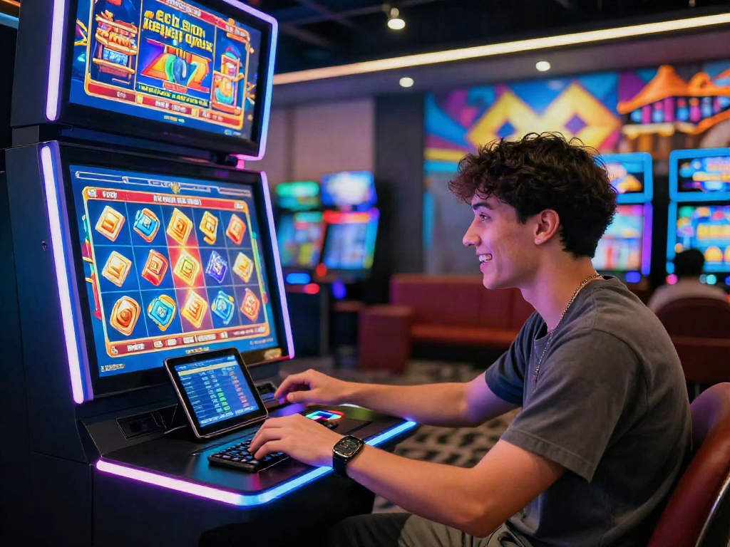 Engaged player at a modern slot machine with "slot deposit qris 5k" featured, colorful icons, and a vibrant gaming lounge atmosphere.