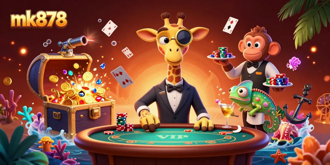 Engage in thrilling gameplay with mk878 at a luxurious poker table featuring exotic characters and vibrant casino elements.