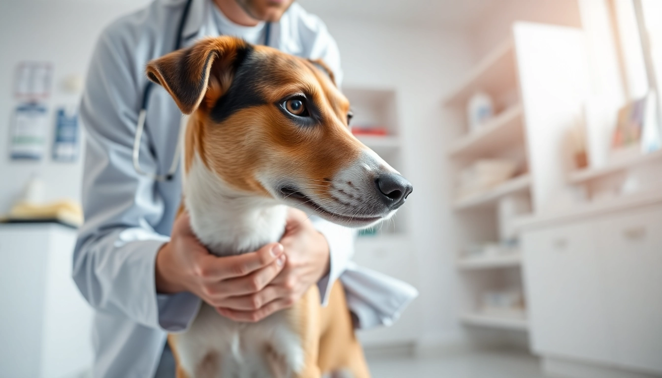 Apply DMSO for dogs by a veterinarian on an injured dog's leg in a vet clinic.