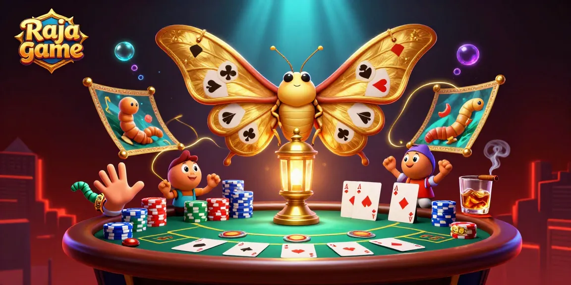 Engage with the vibrant Raja game featuring a 3D moth and poker elements, celebrating online gaming.