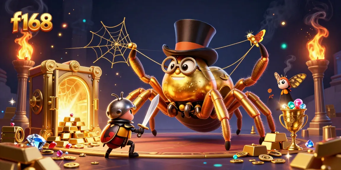Experience the excitement of f168 with a golden tarantula weaving luck in a vibrant casino scene.