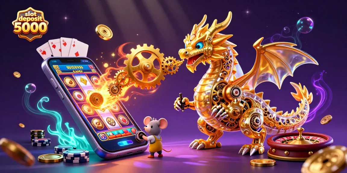 Engage with slot deposit 5000, featuring a dragon and a smartphone promoting vibrant casino elements.
