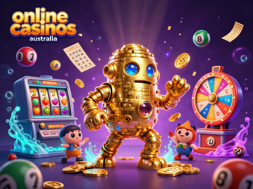 Engaging scene showcasing the magic of online casinos Australia with a dynamic golden golem and exciting game elements.