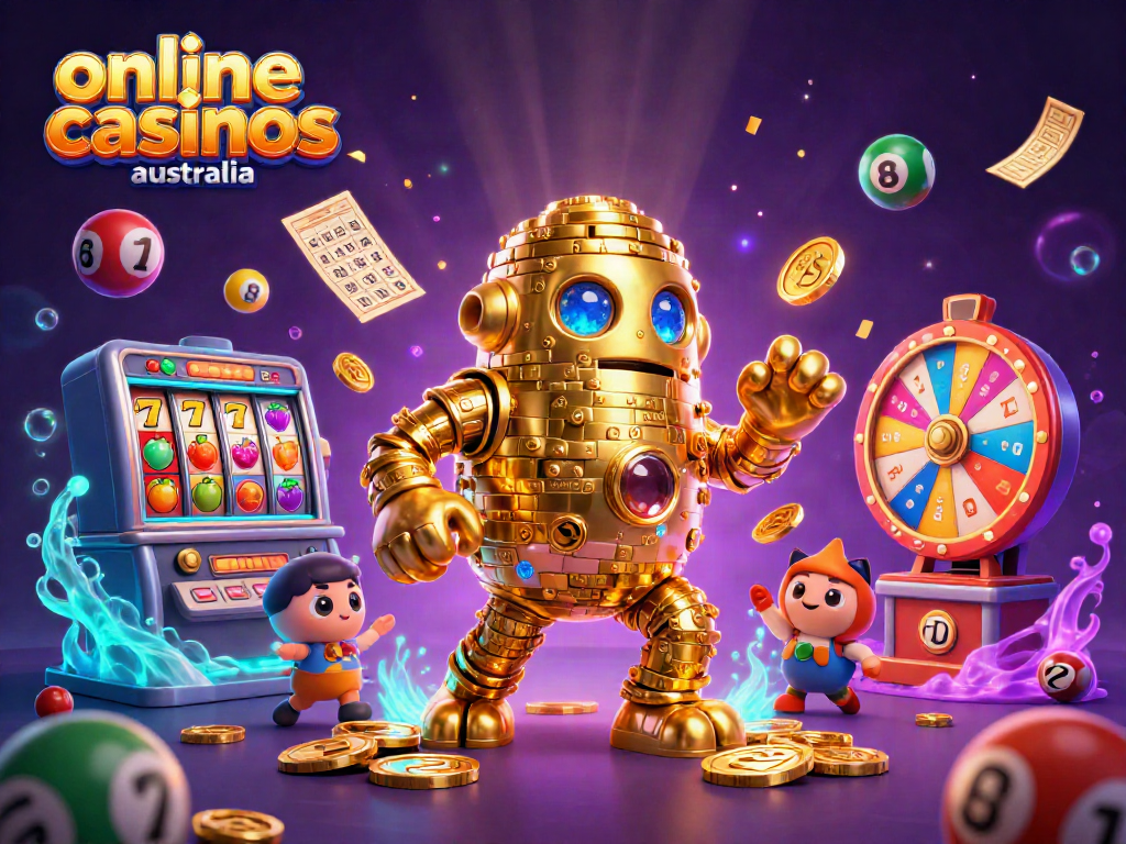Engaging scene showcasing the magic of online casinos Australia with a dynamic golden golem and exciting game elements.