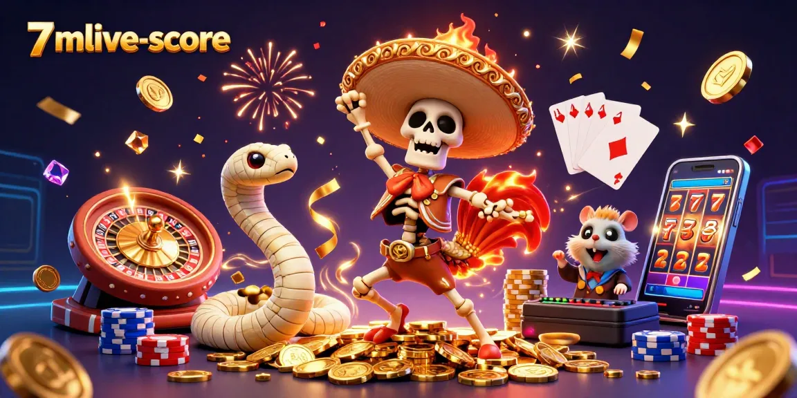 The 7mlive-score showcases a vibrant 3D casino celebration with golden elements, a lively mariachi character, and dynamic gaming visuals.