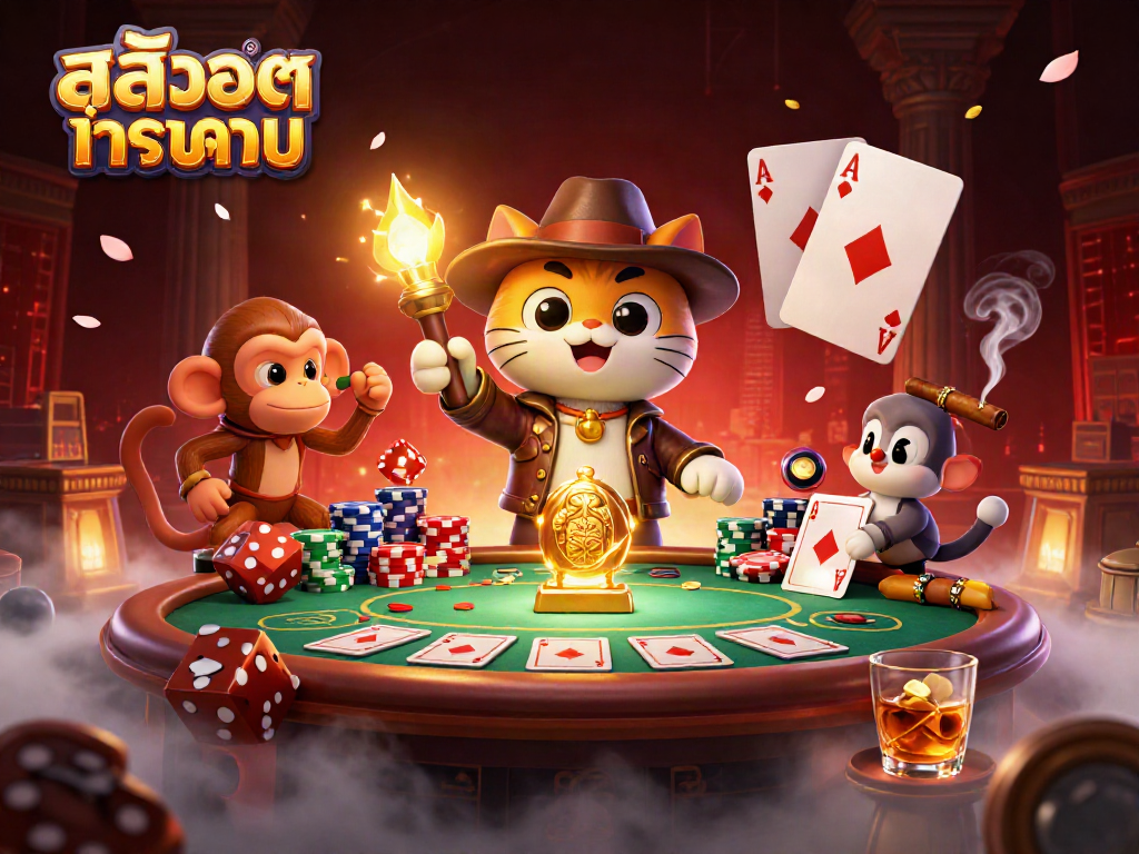 Engage with สล็อตทดลอง in a vibrant 3D scene showcasing a cat explorer discovering a casino artifact with chip towers and glowing details.
