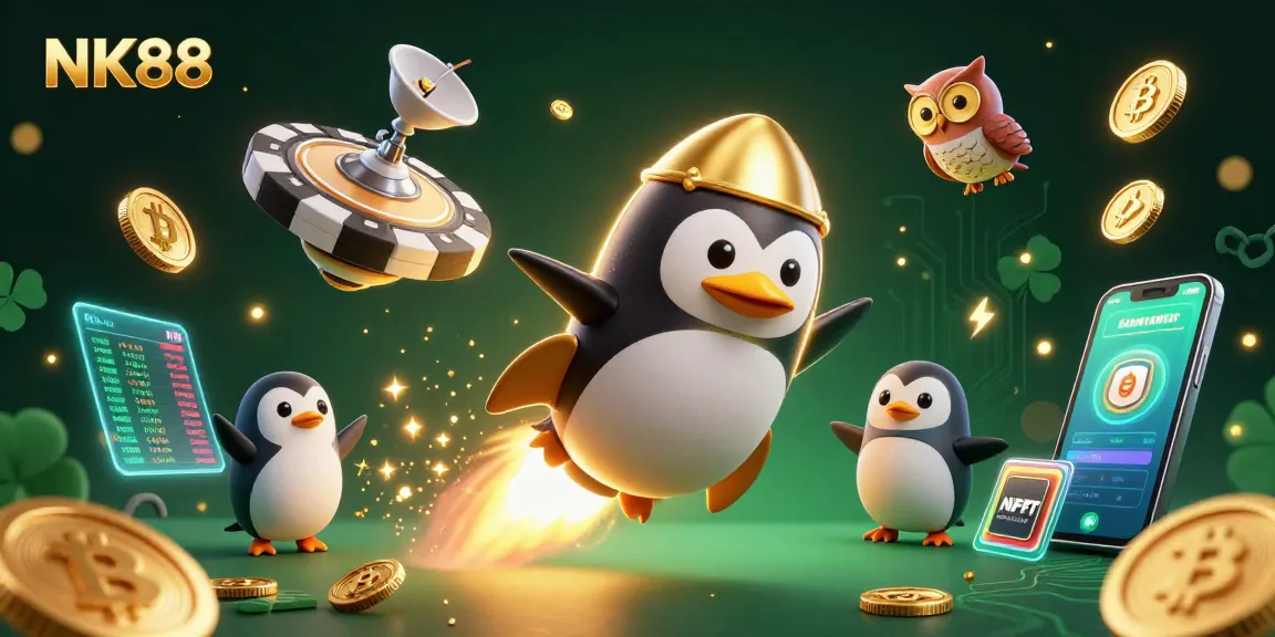 Spin slots and win with NK88 in a vibrant 3D casino adventure showcasing crypto elements.