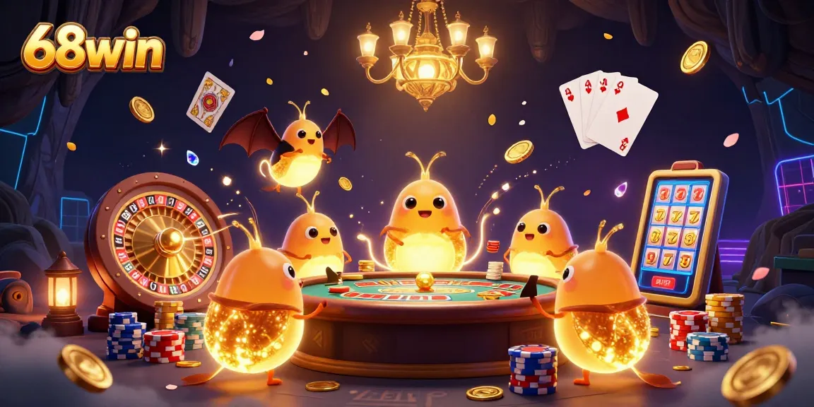 Enjoy thrilling gaming action with 68win's casino ambiance featuring glowworms and a bat dealer.
