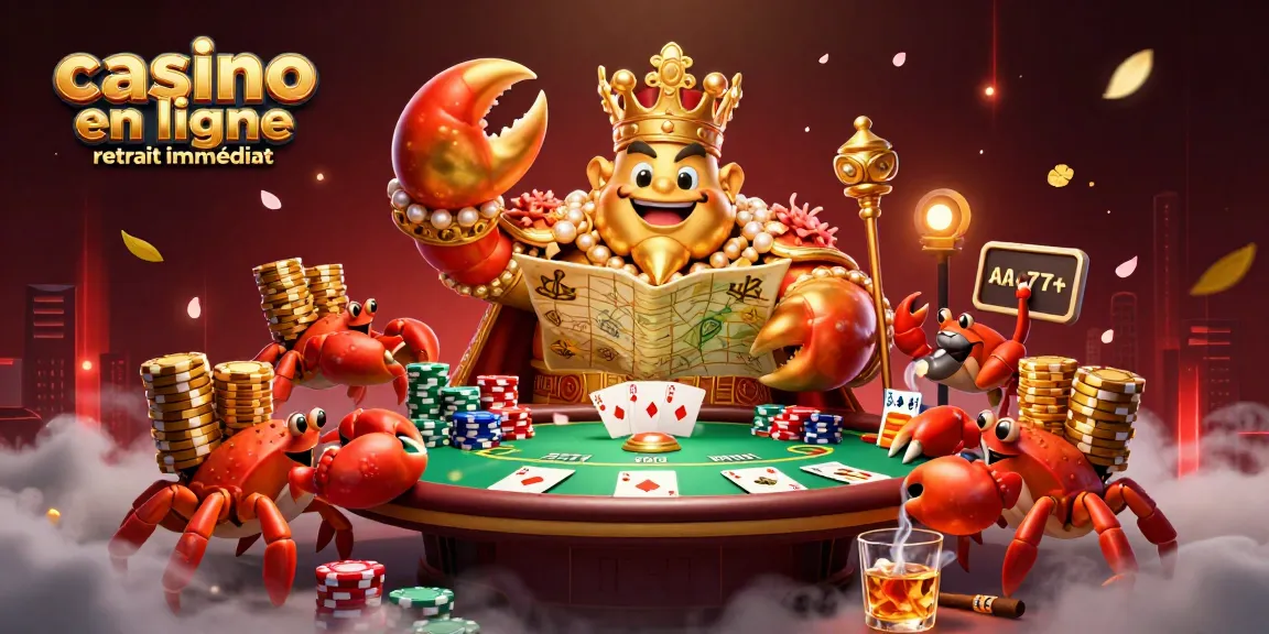 Jouer au casino en ligne retrait immédiat avec des gains rapides illustré par un crabe empereur et des éléments de poker.