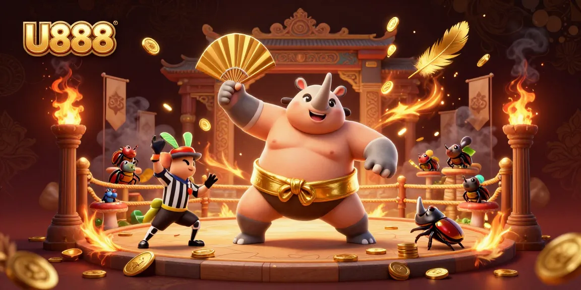 U888 brings excitement as a beetle champion stomps gold coins in a vibrant casino arena.