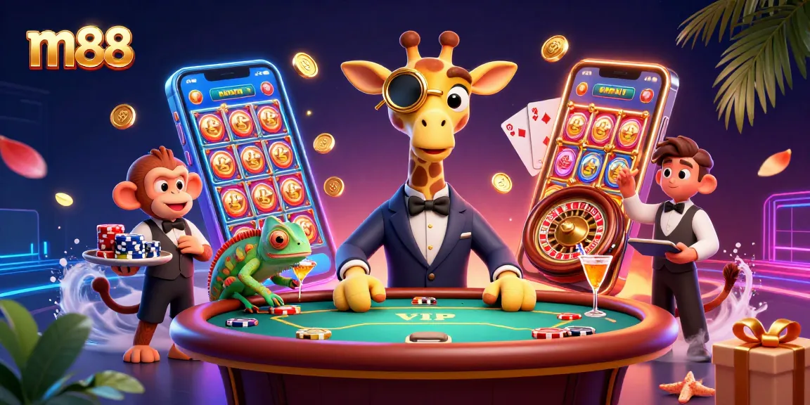Experience the vibrant m88 casino atmosphere with a giraffe high-roller and charming characters amidst dynamic gaming elements.