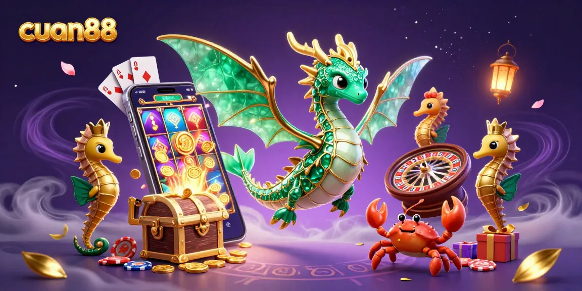 Experience the vibrant world of cuan88 with an enchanting 3D casino illustration showcasing a sea dragon and gaming elements.