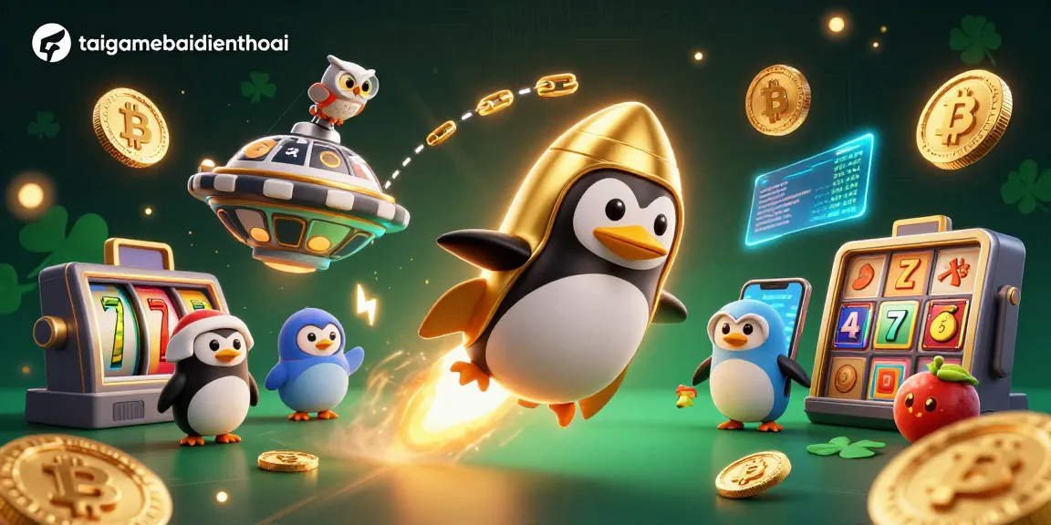 Engage in thrilling gameplay with taigamebaidienthoai, featuring a penguin, poker chip station, and crypto elements.