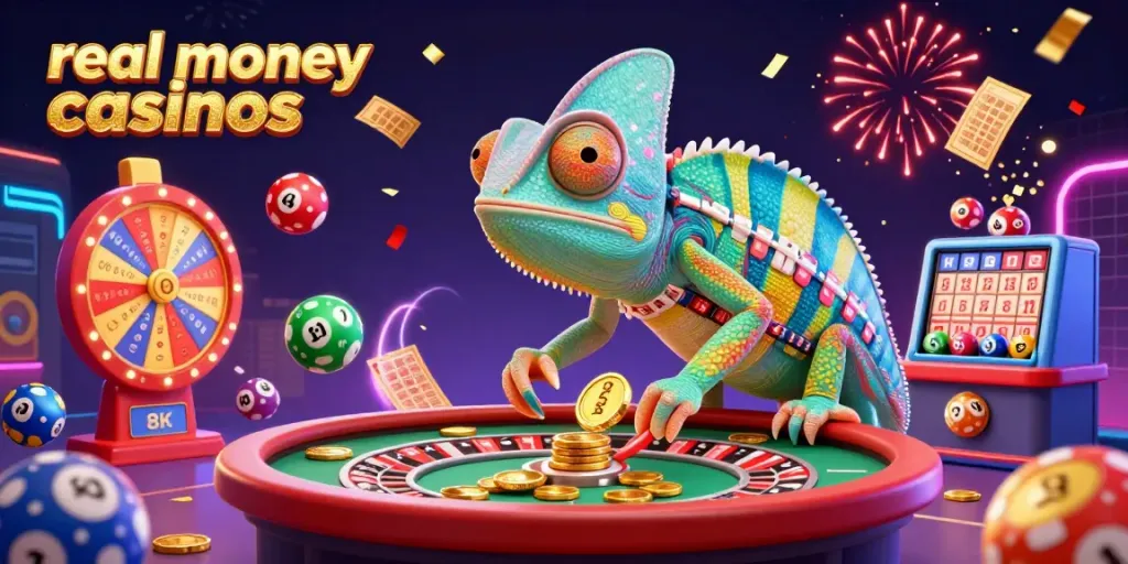 Experience thrilling real money casinos with a dynamic chameleon casino owner in a vibrant gaming scene.