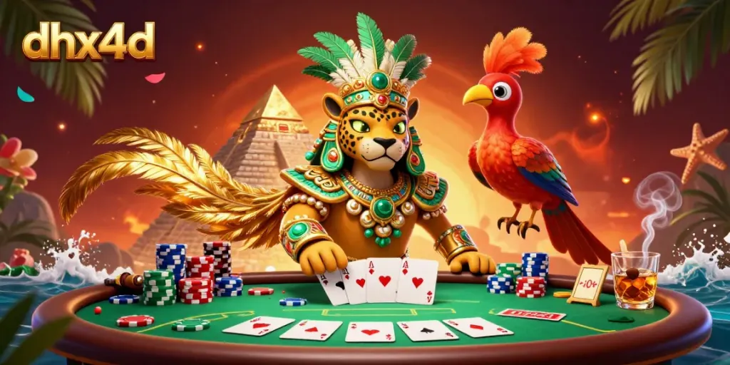 Menangkan dengan dhx4d di meja poker, ditampilkan dengan desain grafis yang mencolok dan penuh warna.