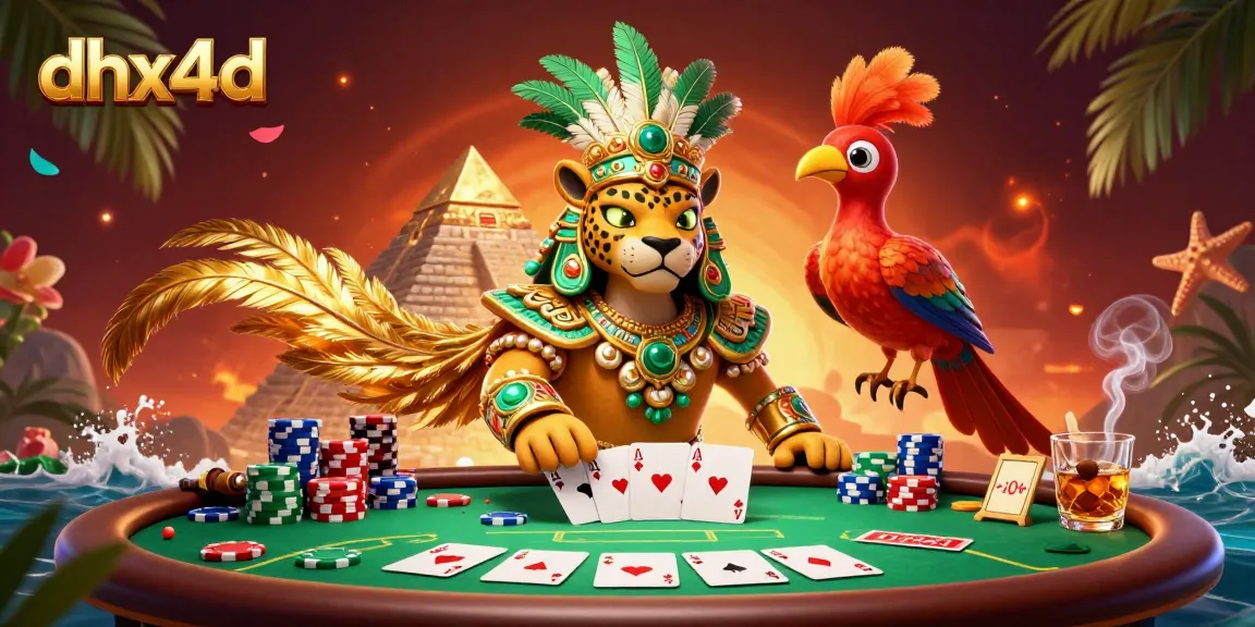 Menangkan dengan dhx4d di meja poker, ditampilkan dengan desain grafis yang mencolok dan penuh warna.