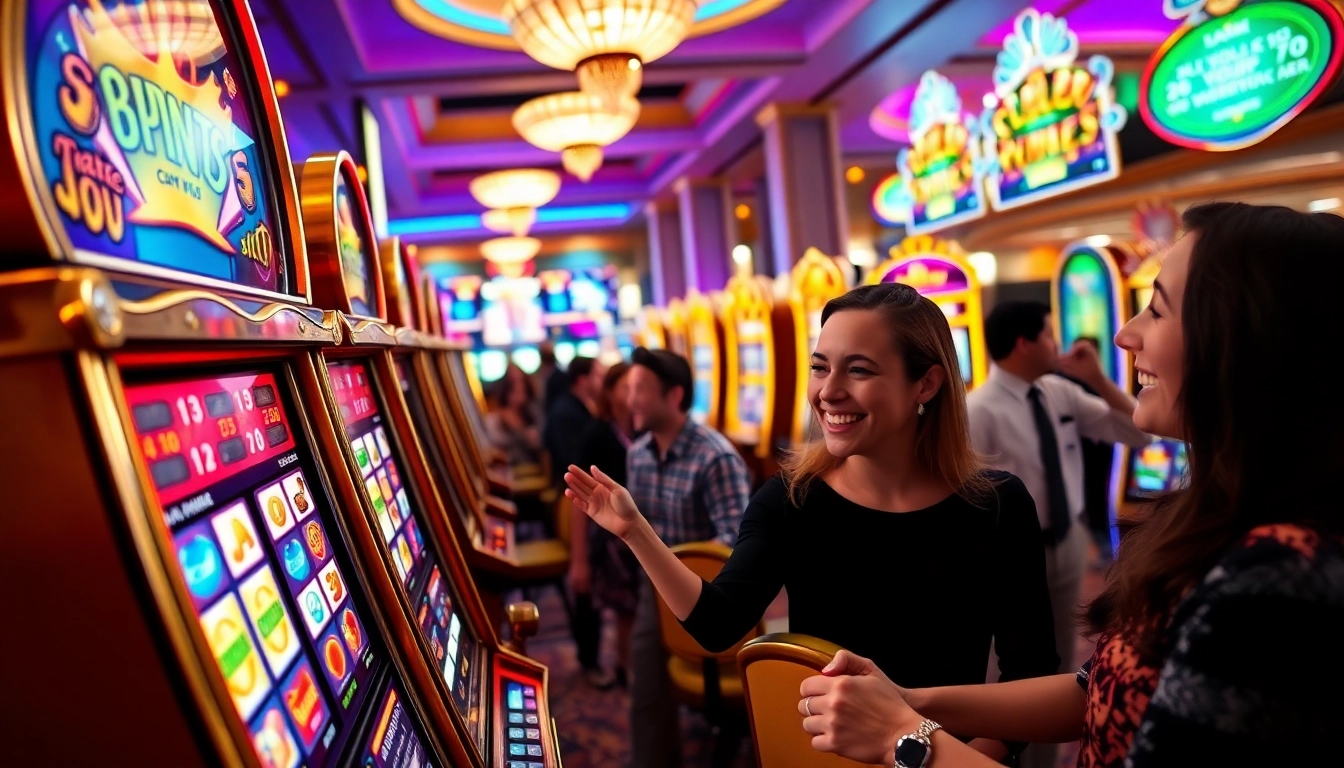 Engage in exciting slot gambling at colorful machines in a vibrant casino setting.