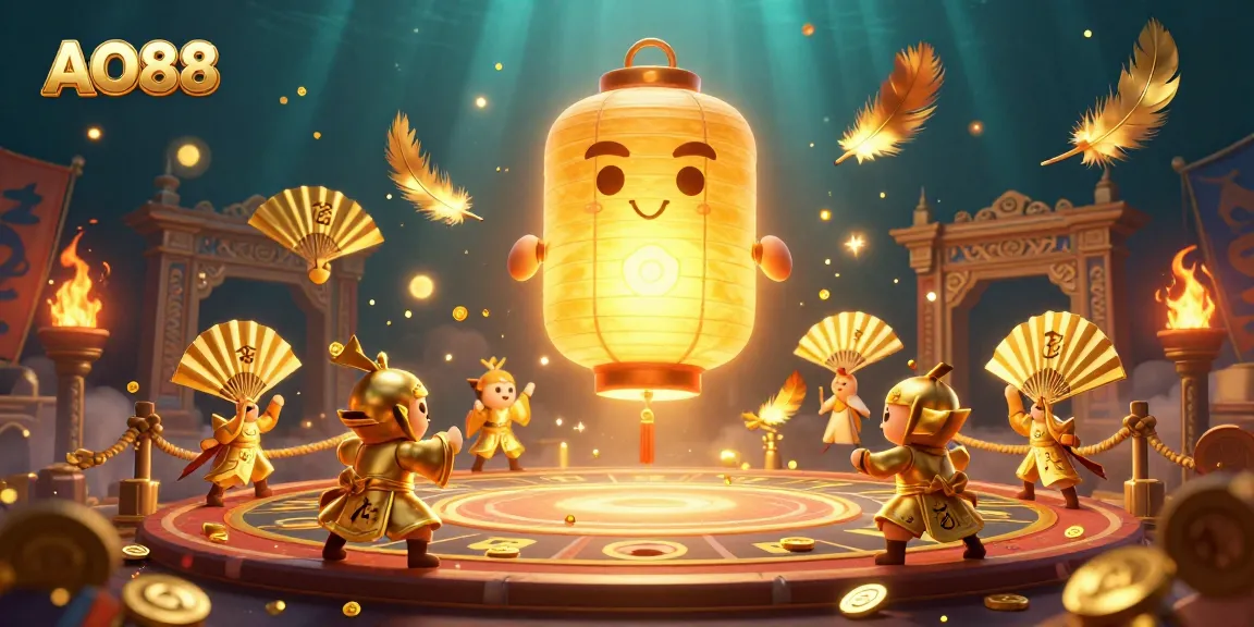 Experience the enchanting AO88 casino scene with a glowing lantern spirit and lucky symbols.