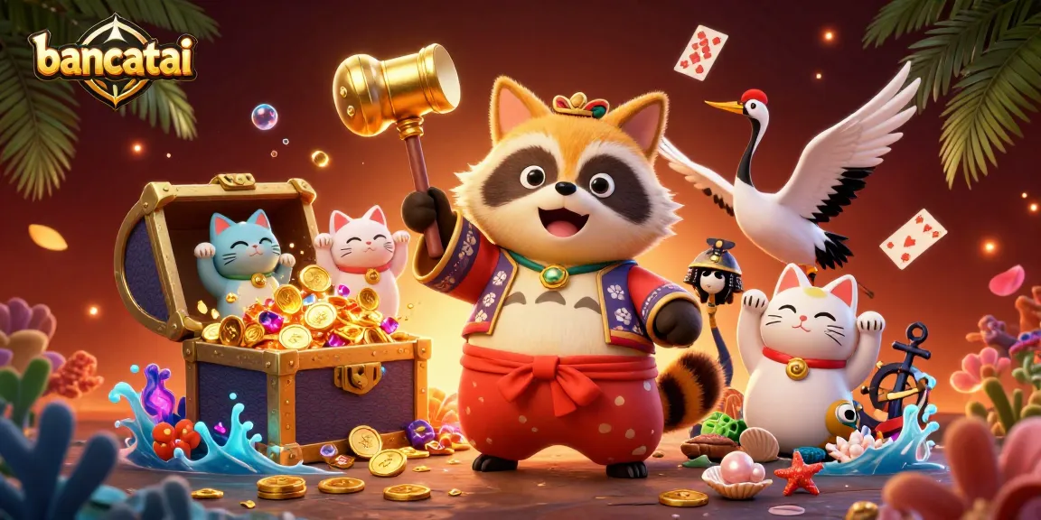 Bancatai brings luck with a cheerful tanuki and maneki-neko fortune cats among colorful underwater treasures.
