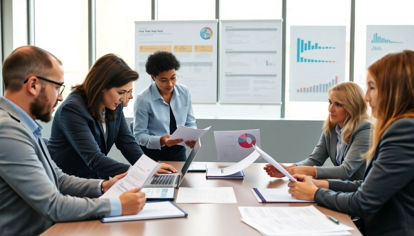 Engaged professionals discussing post-award compliance management strategies in a modern conference room.