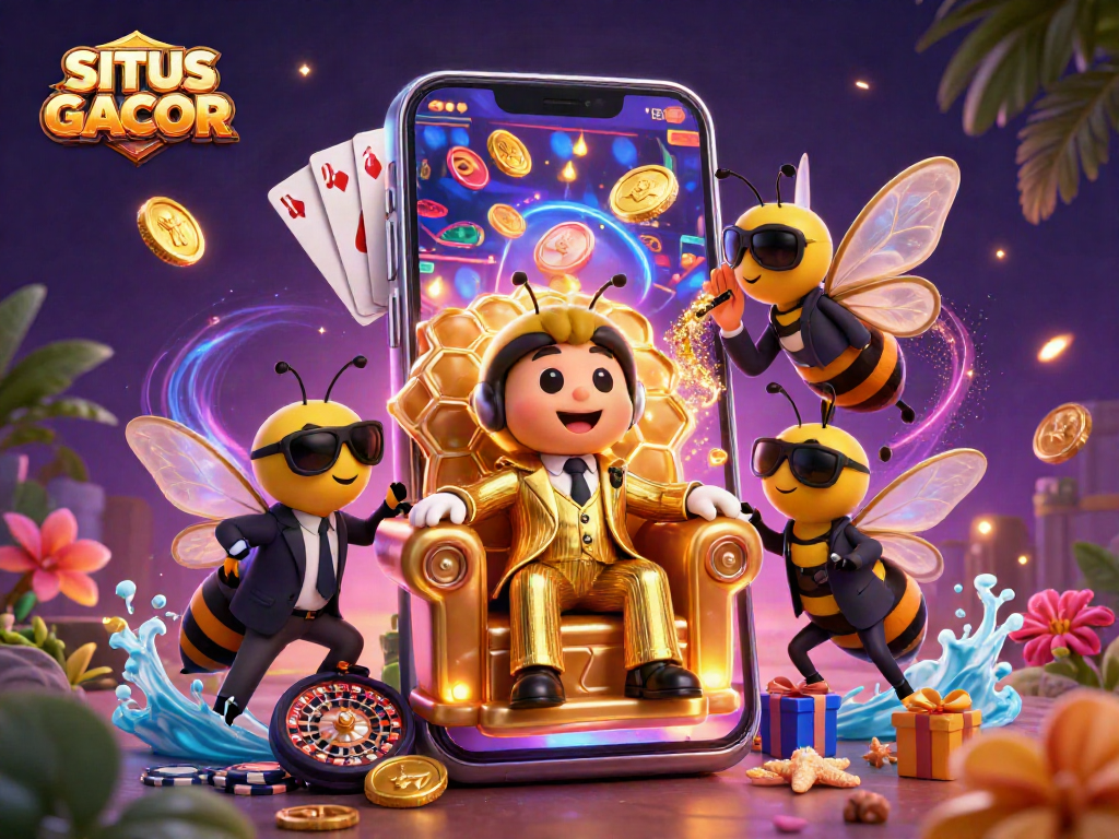 SITUS GACOR showcases a lively illustration of a bumblebee mob boss in a casino-themed setting, surrounded by games and riches.