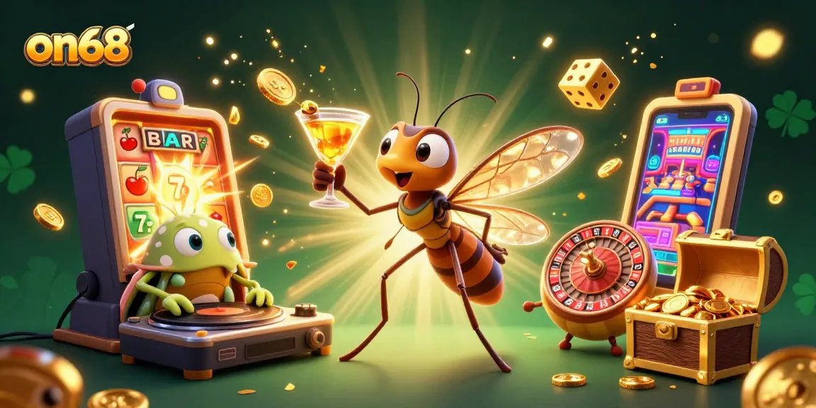 on68 casino with a dynamic 3D illustration featuring a mosquito mascot and a trilobite DJ amidst vibrant game elements