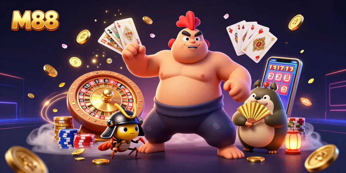 M88 showcases thrilling casino action with a sumo rooster, samurai cricket, and tanuki amid dazzling game elements.