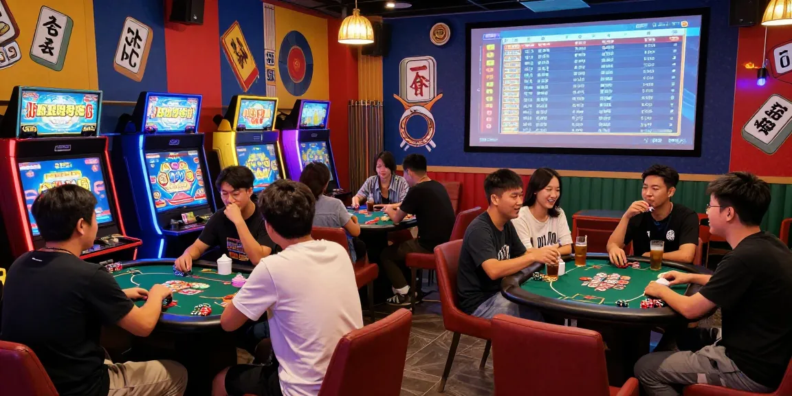 Excited gamers competing on Slot MAHJONGJP88 in a vibrant casino lounge.