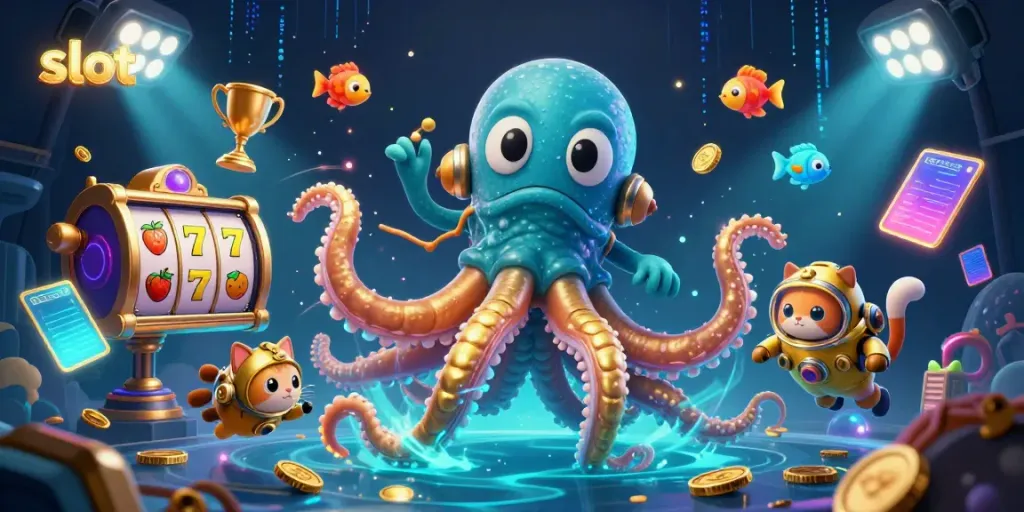 Slot yang menarik di tengah laut dengan kraken dan ikan bercahaya, simbol keberuntungan dan kemenangan.