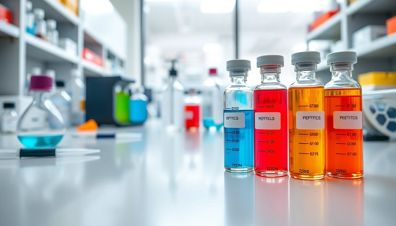 Showcase of peptides for sale in a professional lab environment with colorful vials and equipment.