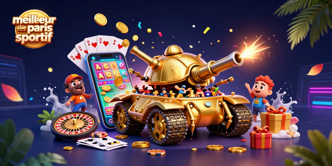 Visualisez le meilleur site de paris sportif avec un tank en or et un casino miniature.