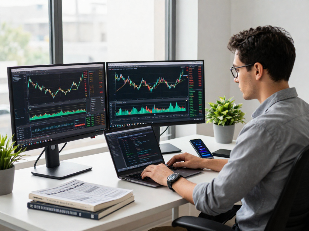 Trader using MetaTrader 5 for market analysis in a modern office.