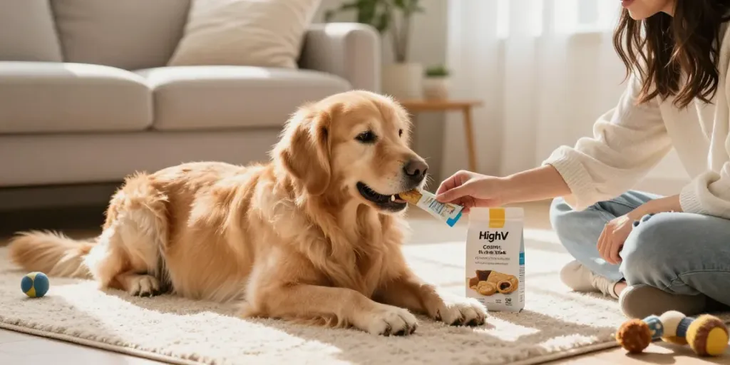 Calming Dog Treats being fed to a relaxed golden retriever in a cozy living room.