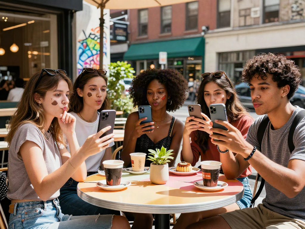Group of friends using a celebrity look alike app outdoors at a café.