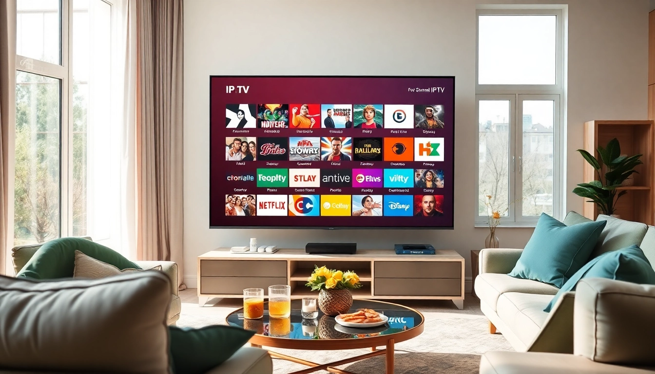 Explore the benefits of free trial iptv with an engaging living room scene featuring various channels.