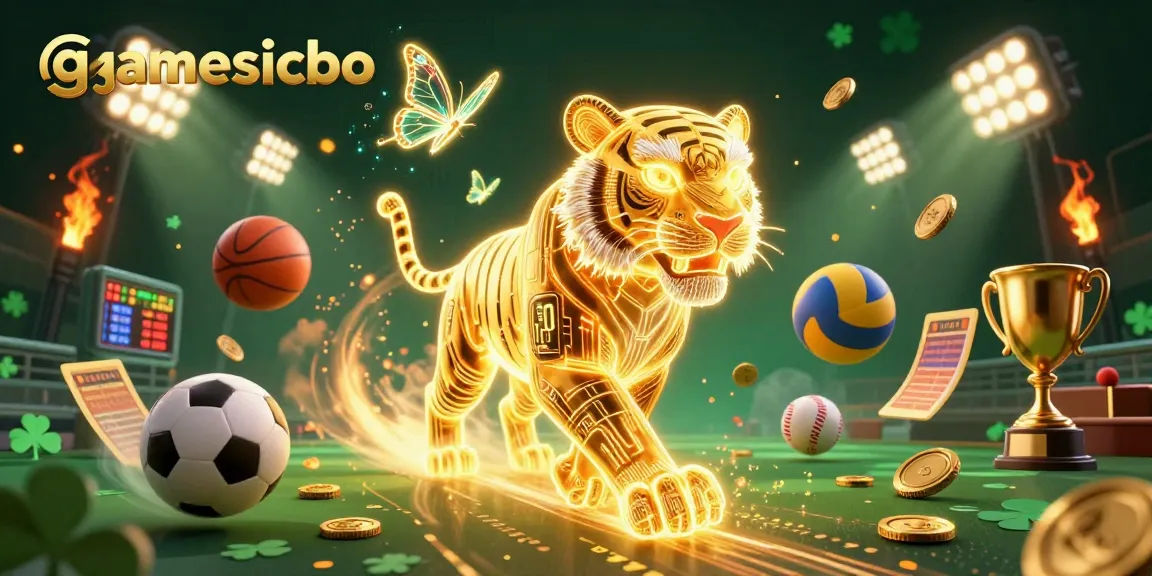 Experience gamesicbo in a vibrant digital casino, featuring a golden tiger amidst dynamic sports elements.