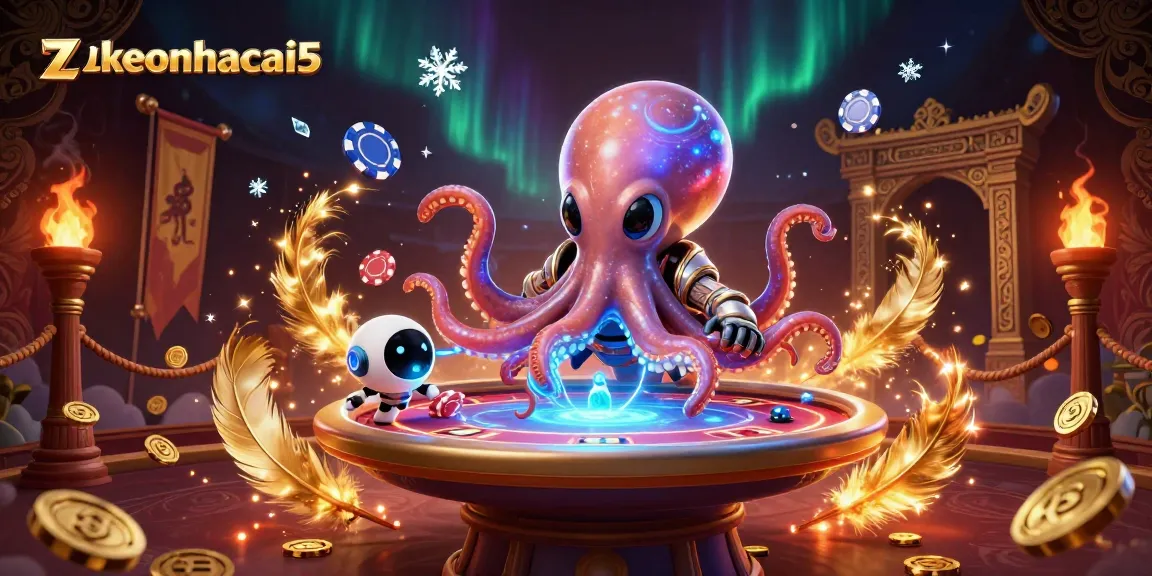 Zkeonhacai5 showcases a vibrant scene with a cartoon alien octopus at a poker table in space.