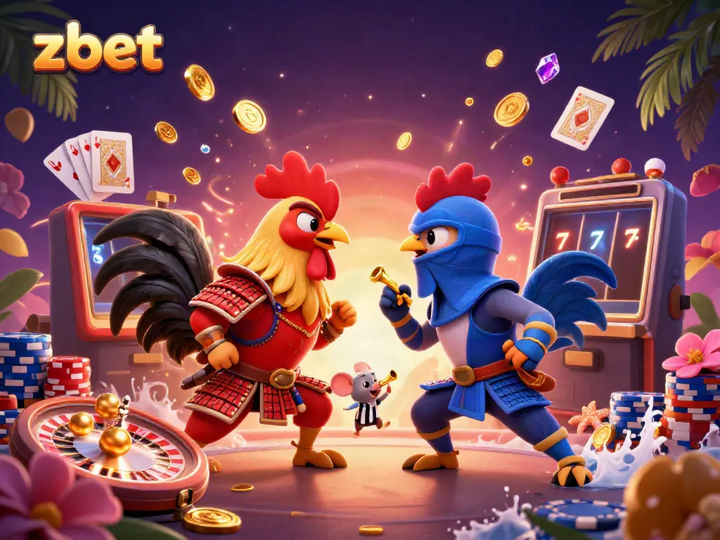 Experience the thrilling duel of zbet's fighting roosters in a vibrant casino illustration