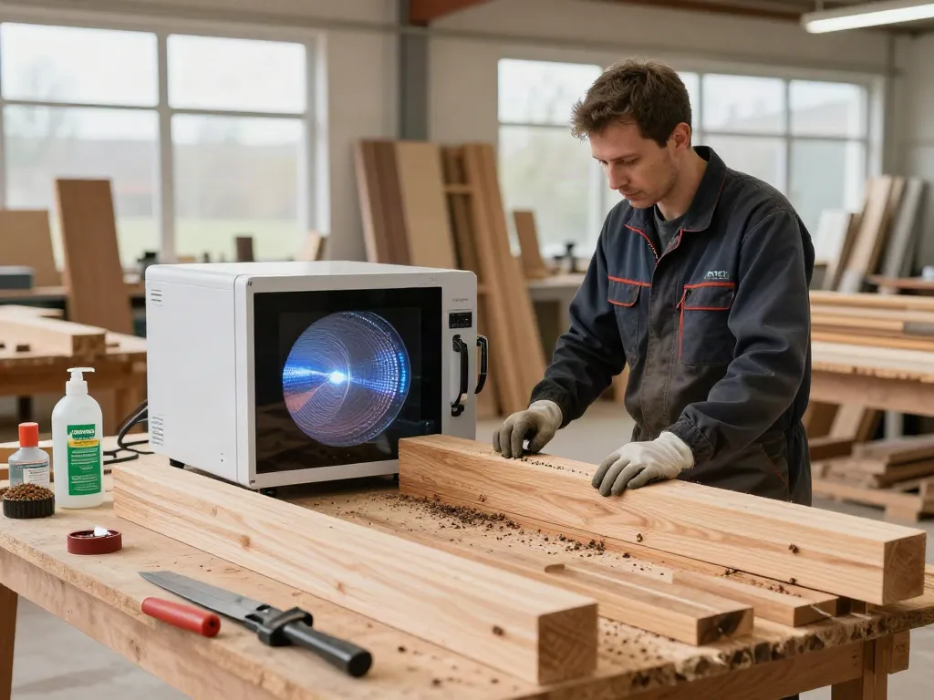 Technician using SHASHEL® microwave equipment for rapid wood pest elimination in a bright workshop.