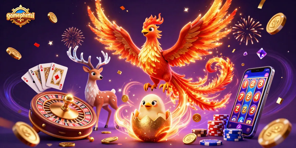 Engage in thrilling gameplay with gamephattai, featuring a fiery phoenix, golden treasures, and vibrant casino excitement.
