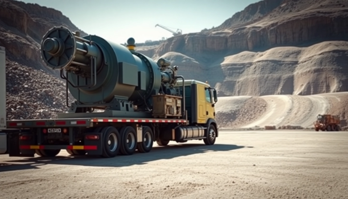 Facilitating equipment transport with heavy machinery on a flatbed truck at a construction site.