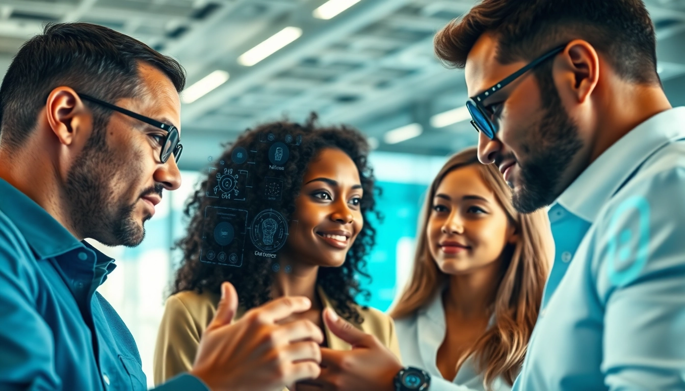 AI agents collaborating with users in a modern office atmosphere, showcasing innovation and technology.