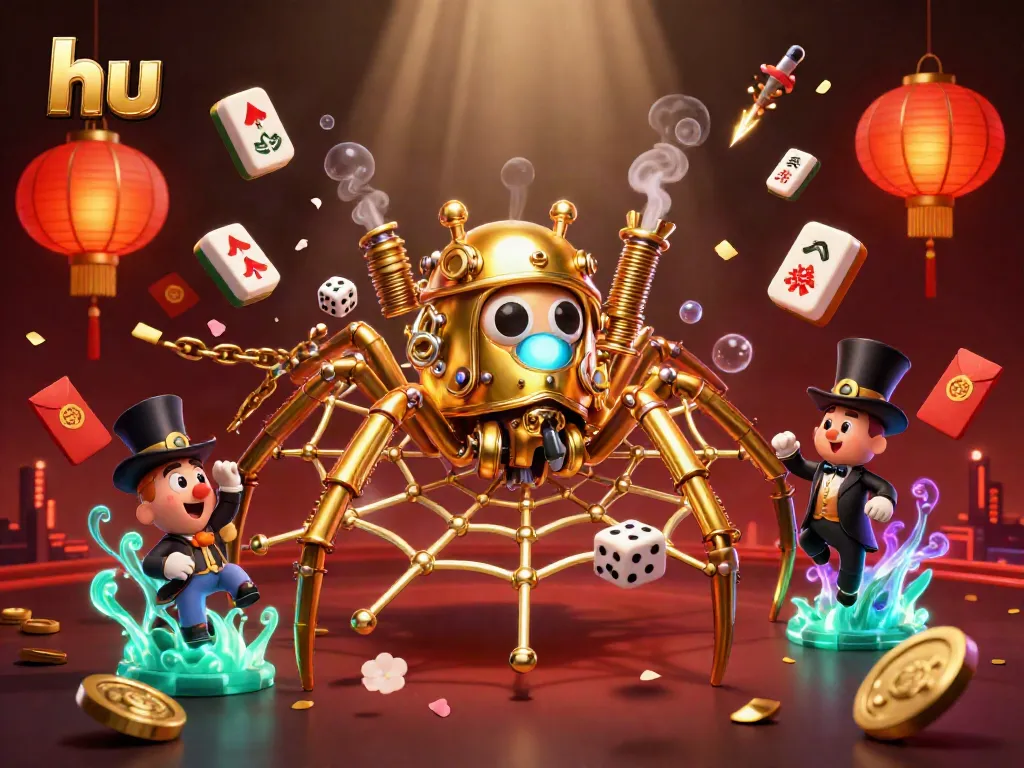 Experience thrilling luck at hu with a cartoon spider and golden web amidst vibrant casino elements.