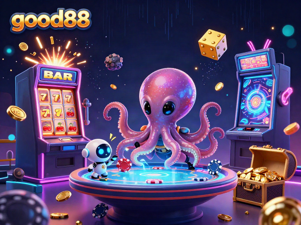 Watch the alien octopus explore the gamescape at good88, surrounded by swirling chips and vivid casino elements.