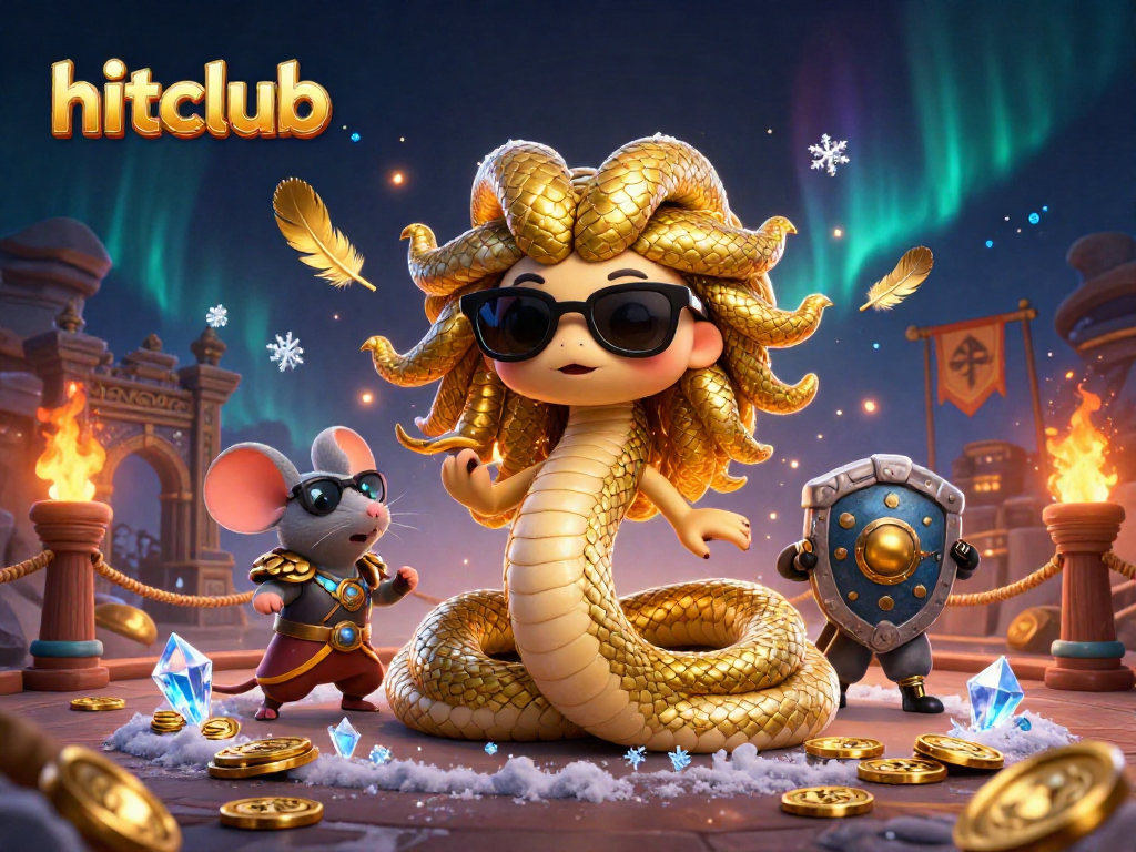 Engage with the exciting hitclub casino atmosphere, featuring Medusa and a warrior mouse amidst shimmering coins.
