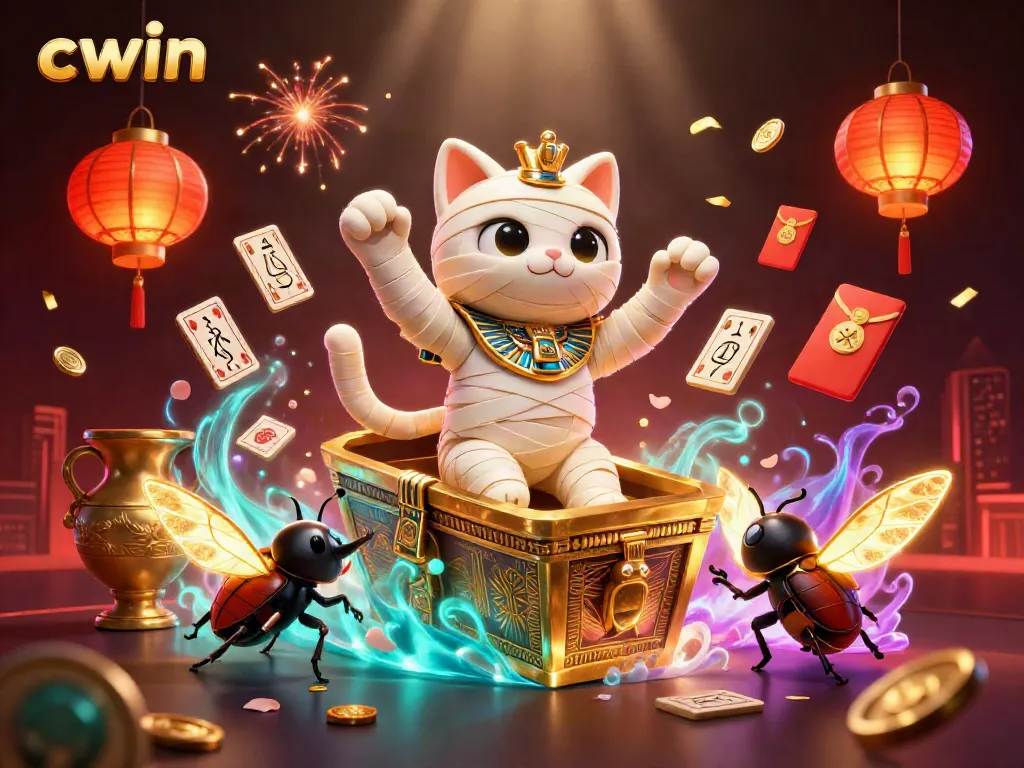 Experience the thrill of cwin with a vibrant Egyptian casino scene featuring a mummy cat and scarab beetle.