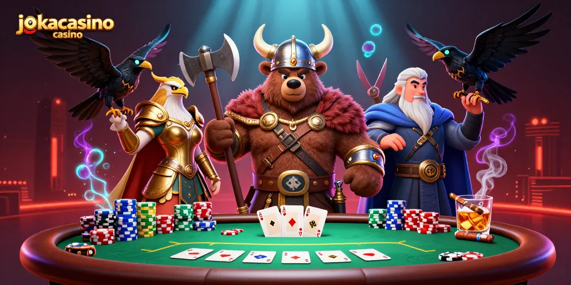 Experience thrilling gameplay at jokacasino casino with a vibrant 3D Viking-themed poker scene.