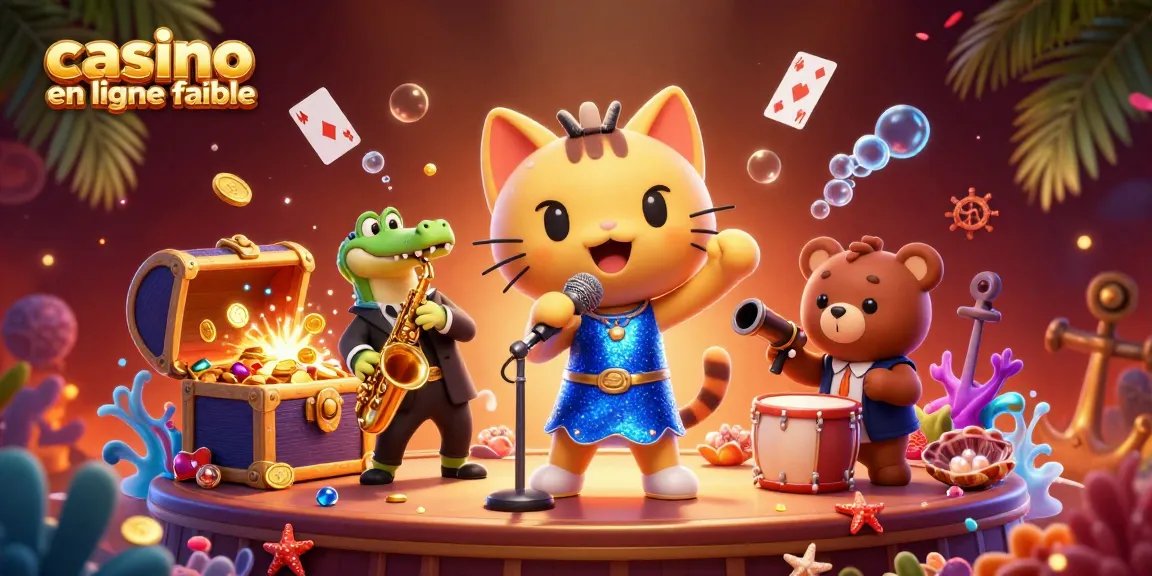 Illustration dynamique d'un casino en ligne fiable avec un chat chanteur, un crocodile saxophoniste, et un ourson batteur.
