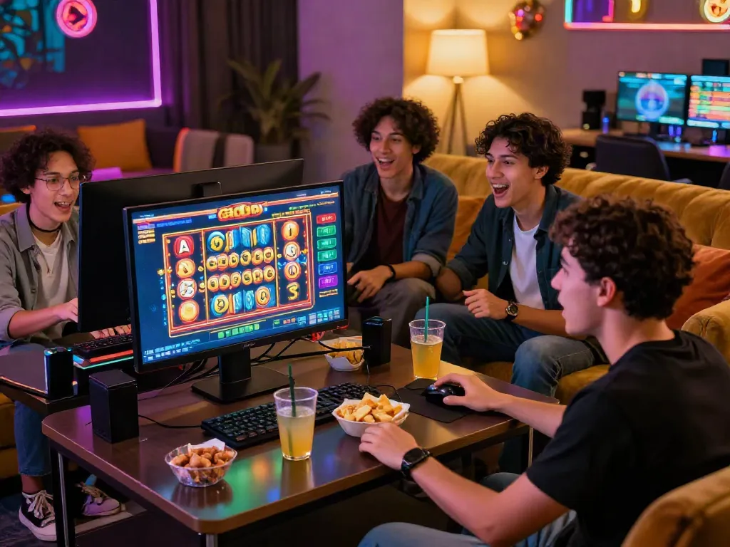 Excited friends celebrating a win while playing slot gacor.